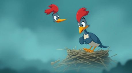 A high-resolution stock photo showcases two cartoon birds diligently building a nest in a charming classic animation style.