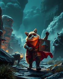 A high-resolution stock photo depicts an epic scene of a talking animal sidekick assisting a hero on a grand journey.  The im