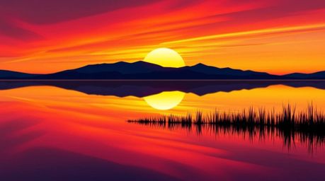 This geometric logo design features a vibrant sunset reflected in a calm pond.  The image utilizes strong, hard light and ele