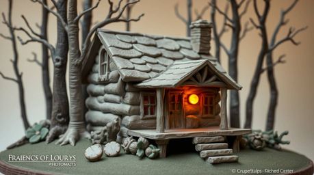 This sculptural clay art piece captures the serene beauty of an old wooden cabin nestled in the woods at sunset. The artist h