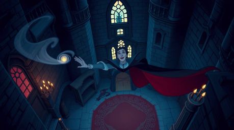 Experience a captivating high-angle illustration featuring a classic Disney villain conjuring a spell within the ancient wall