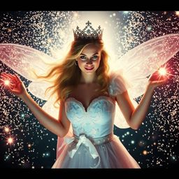 A captivating cinematic image depicts a fairy godmother emerging from a swirl of sparkling lights.  The scene is enhanced by 