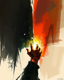 A captivating digital painting showcasing a hand reaching towards a light source from a dark abyss.  The artwork features rou