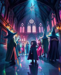 A captivating cinematic illustration showcases a magical school brimming with young wizards.  The scene is awash in iridescen