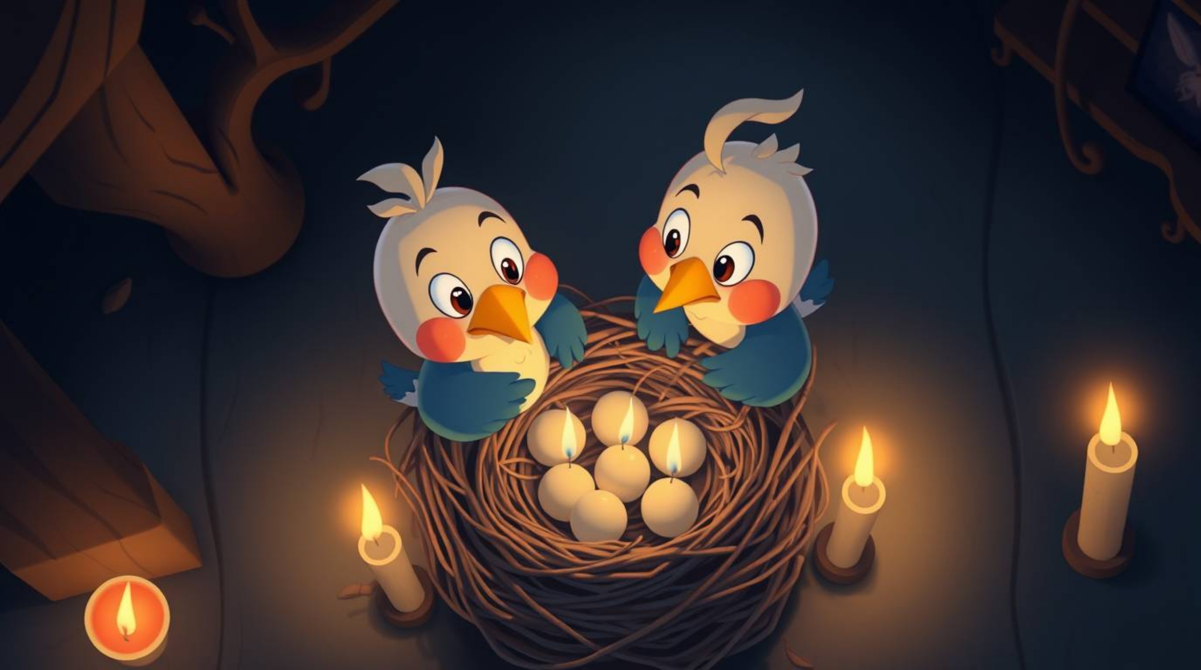 A heartwarming overhead scene depicts two cartoon birds diligently constructing a nest in a classic animation style. The scen