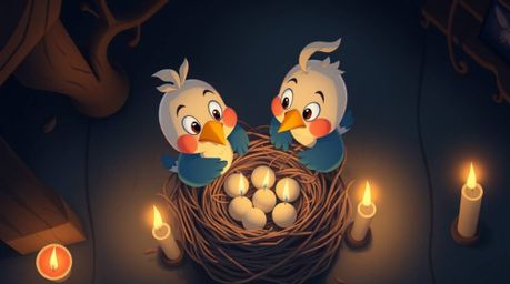 A heartwarming overhead scene depicts two cartoon birds diligently constructing a nest in a classic animation style. The scen
