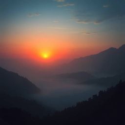 Experience a grand and epic scene of a sunset illuminating a quiet mountain valley, shrouded in thick fog that creates a low 