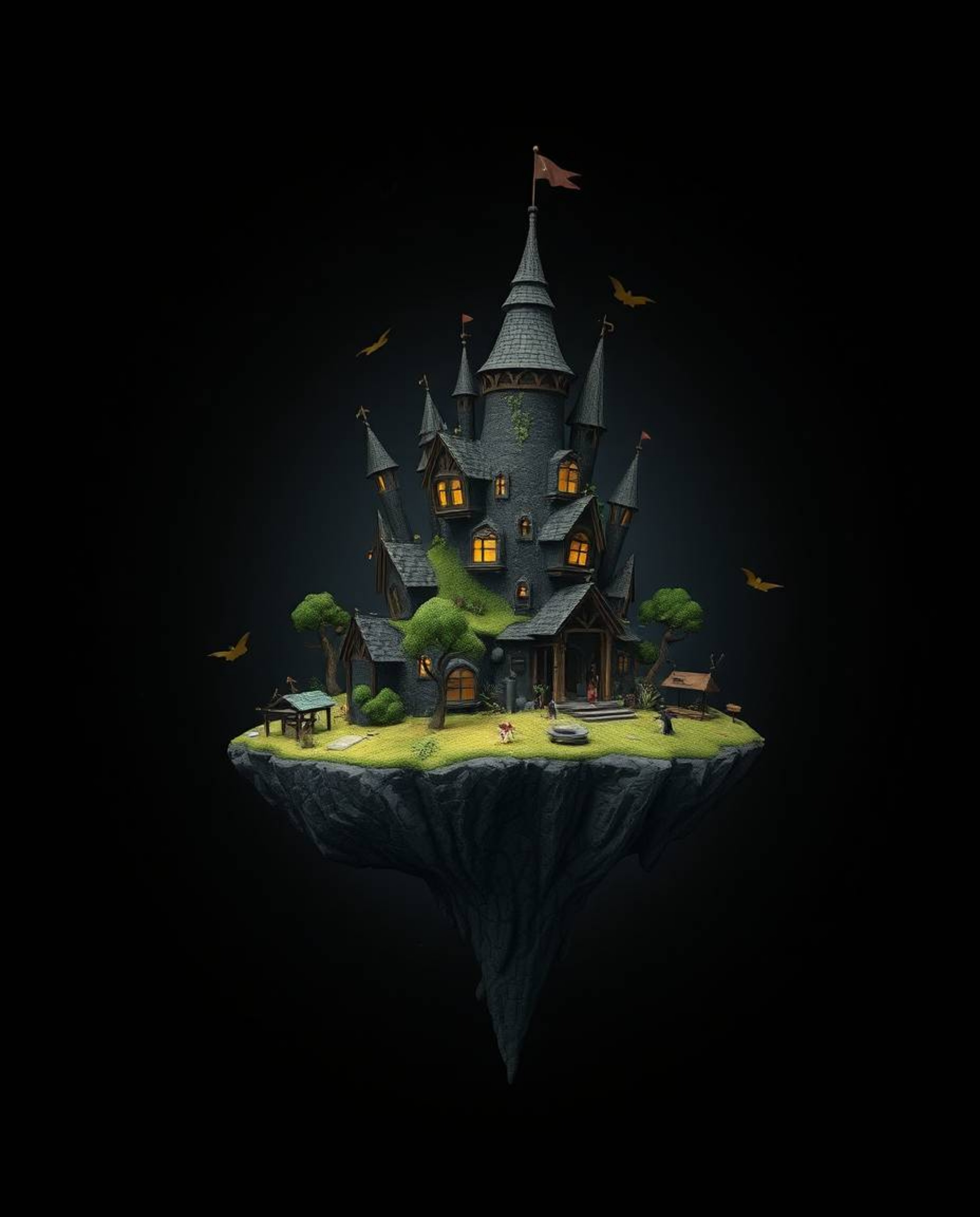 Explore a captivating surreal floating island rendered entirely in intense jet black, showcasing strange and adorable archite