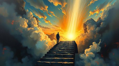 This high-angle perspective oil painting portrays a solitary figure ascending a stone staircase towards a radiant beam of div