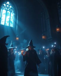 An ethereal and spiritual magical school filled with young wizards is brought to life through high contrast and low-key light