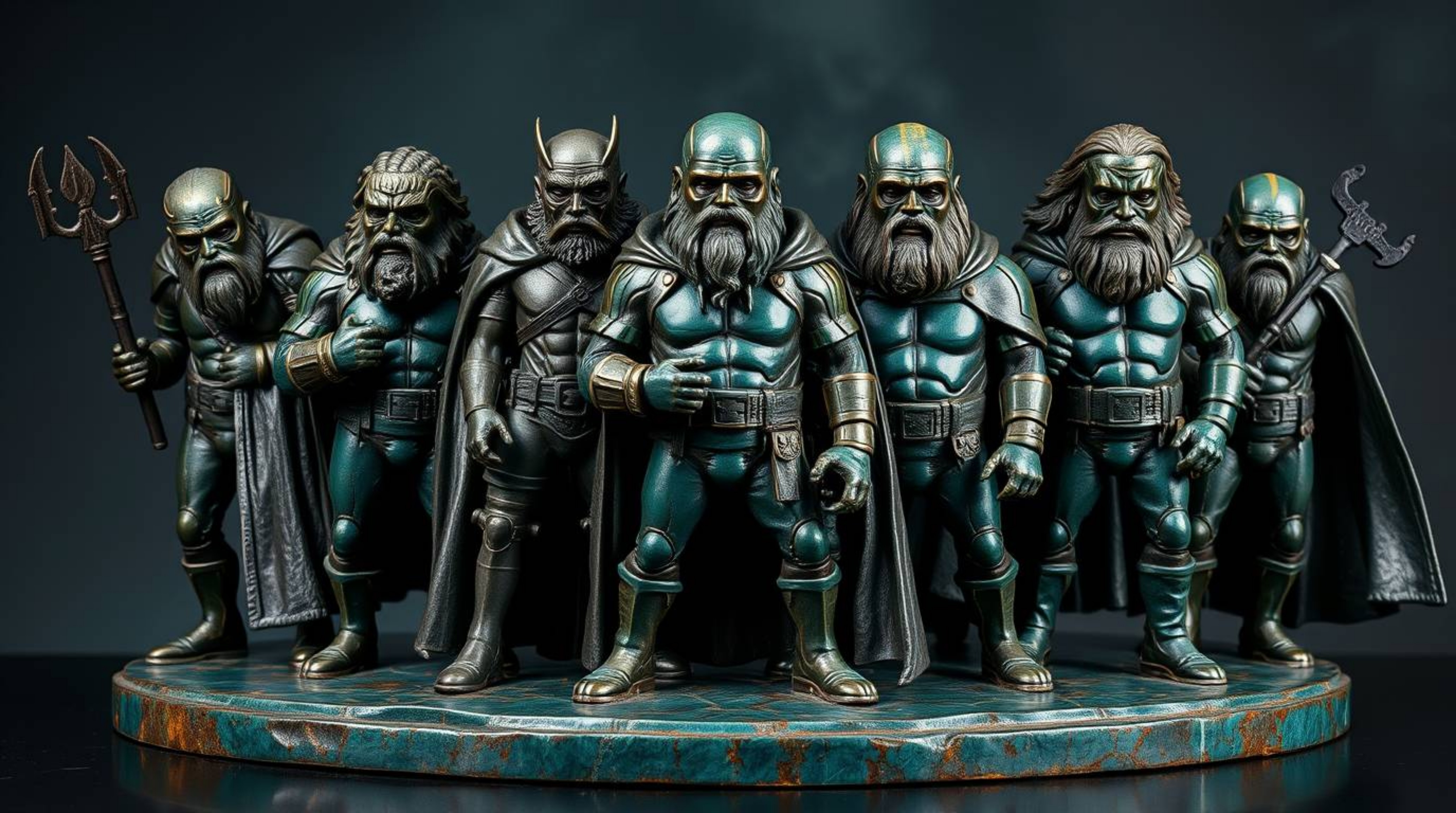 Discover a captivating bronze sculpture depicting a team of misfit heroes.  Finished with a rich, deep teal patina, this luxu