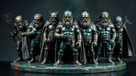 Discover a captivating bronze sculpture depicting a team of misfit heroes.  Finished with a rich, deep teal patina, this luxu
