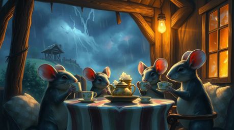 A captivating digital painting depicts anthropomorphic mice enjoying a tea party within a cozy cottage.  The scene is viewed 