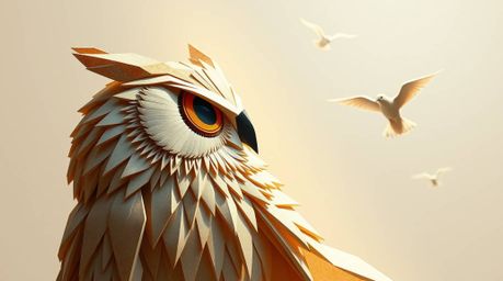Explore a captivating artwork featuring intricate origami style, depicting a blind owl in Pixar style, embodying the heartwar