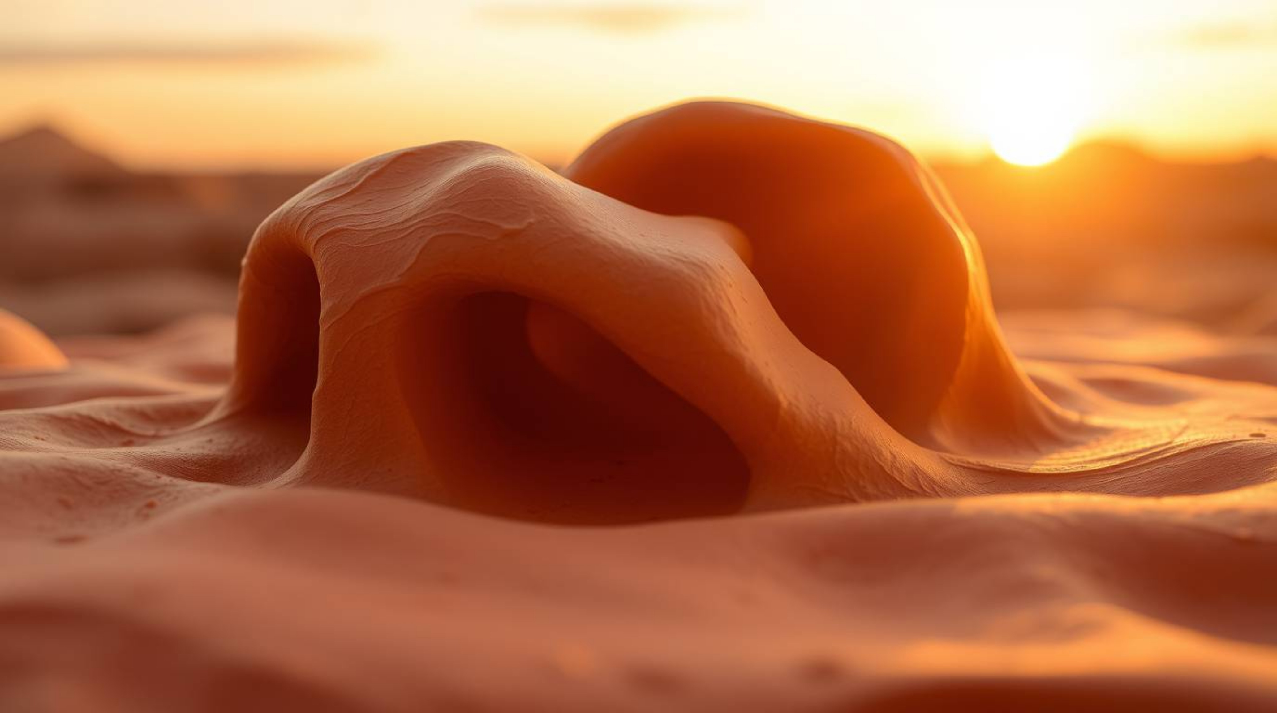 Capture the ethereal beauty of sculptural clay art bathed in the warm glow of golden hour light.  The gradient texture mimics