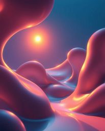 Experience the mesmerizing beauty of futuristic 3D fluid shapes bathed in the warm glow of golden hour light. These captivati