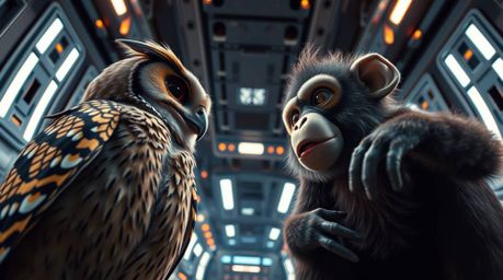 A low-angle perspective captures an owl and a monkey in a futuristic sci-fi setting, deeply involved in some form of mischief