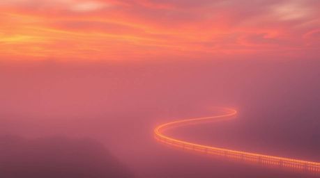 A professional fine art photograph capturing a winding river illuminated under a dramatic orange-pink sky, shrouded in thick 