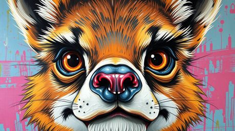A captivating close-up of a bold acrylic painting showcasing a sarcastic animal sidekick with expressive eyes.  The vibrant c