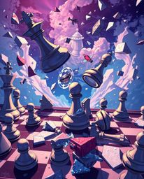 A captivating image depicting a chessboard with pieces suspended mid-air, shattered and frozen in time. Rendered in a vibrant