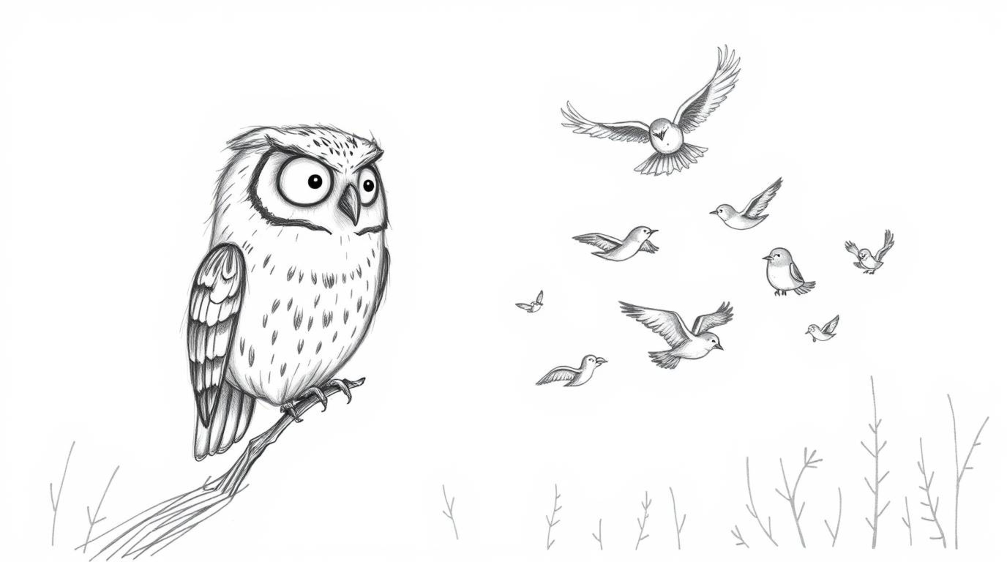 A heartwarming hand-drawn pencil sketch depicts a blind owl with soft feathers and gentle features patiently teaching a diver
