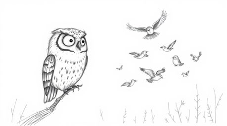 A heartwarming hand-drawn pencil sketch depicts a blind owl with soft feathers and gentle features patiently teaching a diver