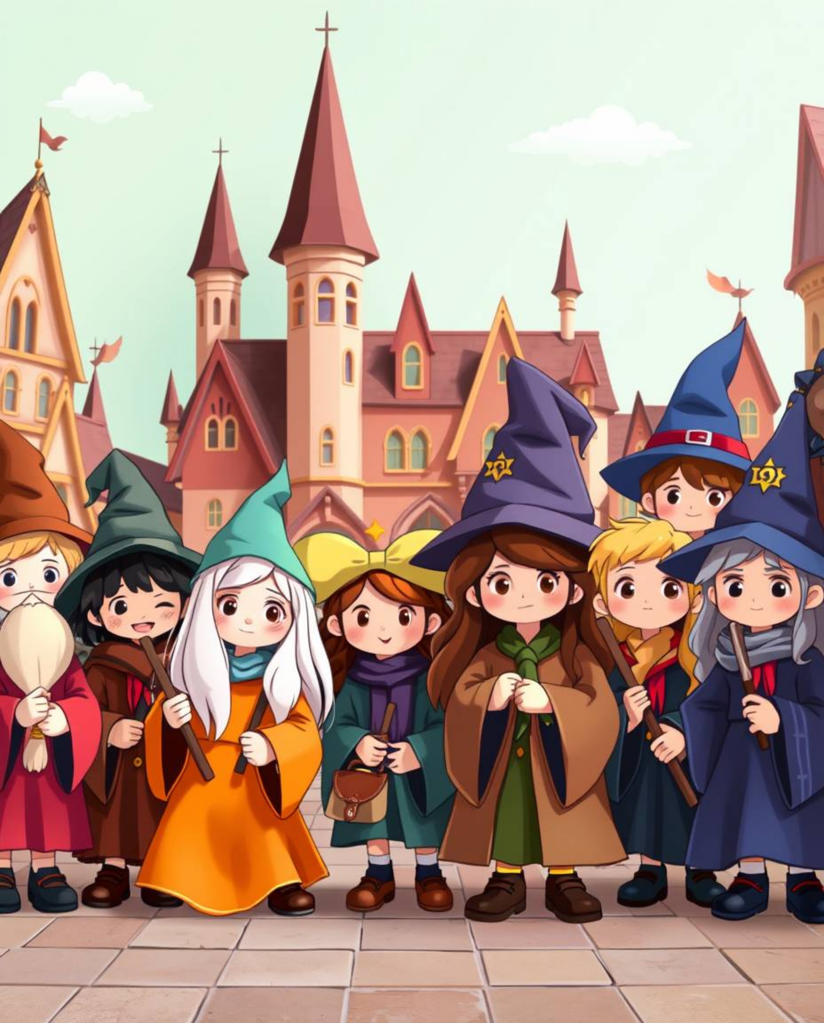 Explore a magical school brimming with young wizards and an adorable aesthetic. The school is characterized by vibrant, compl