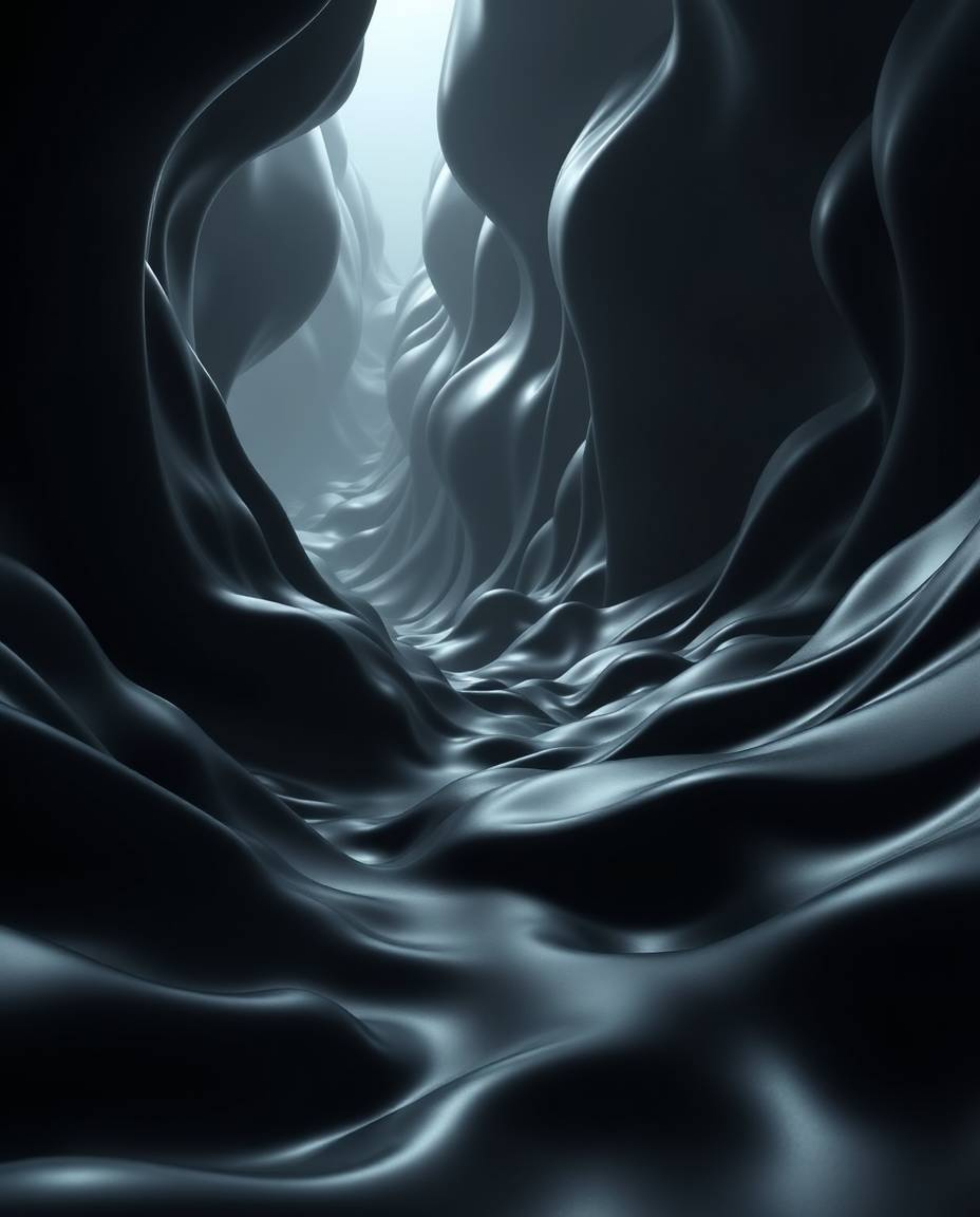 Experience an epic scene featuring intense, jet black, and smoothly rendered 3D fluid shapes with striking metallic textures,