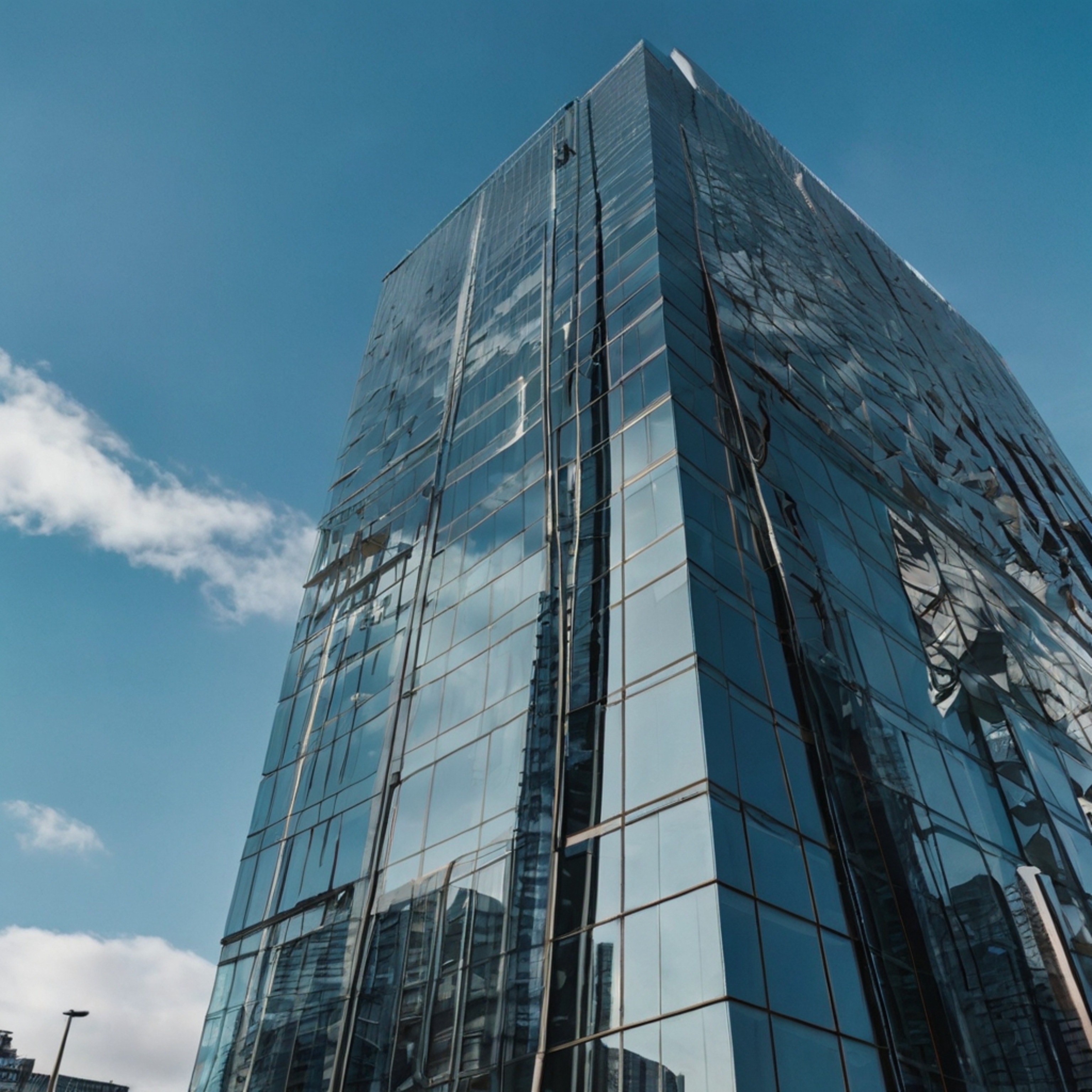 This sleek glass office tower boasts a minimalist design that seamlessly blends with the urban environment.  Its reflective g