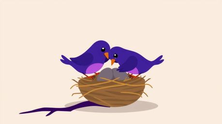 A vibrant illustration showcases two cartoon birds diligently constructing a nest, rendered in a classic animation style.  Th