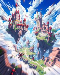 Experience a vibrant and dynamic isekai anime scene featuring a colorful kingdom with majestic floating islands and castles.