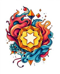 This vibrant art print features a symbolic traditional tattoo design on a clean white background. The artwork showcases color
