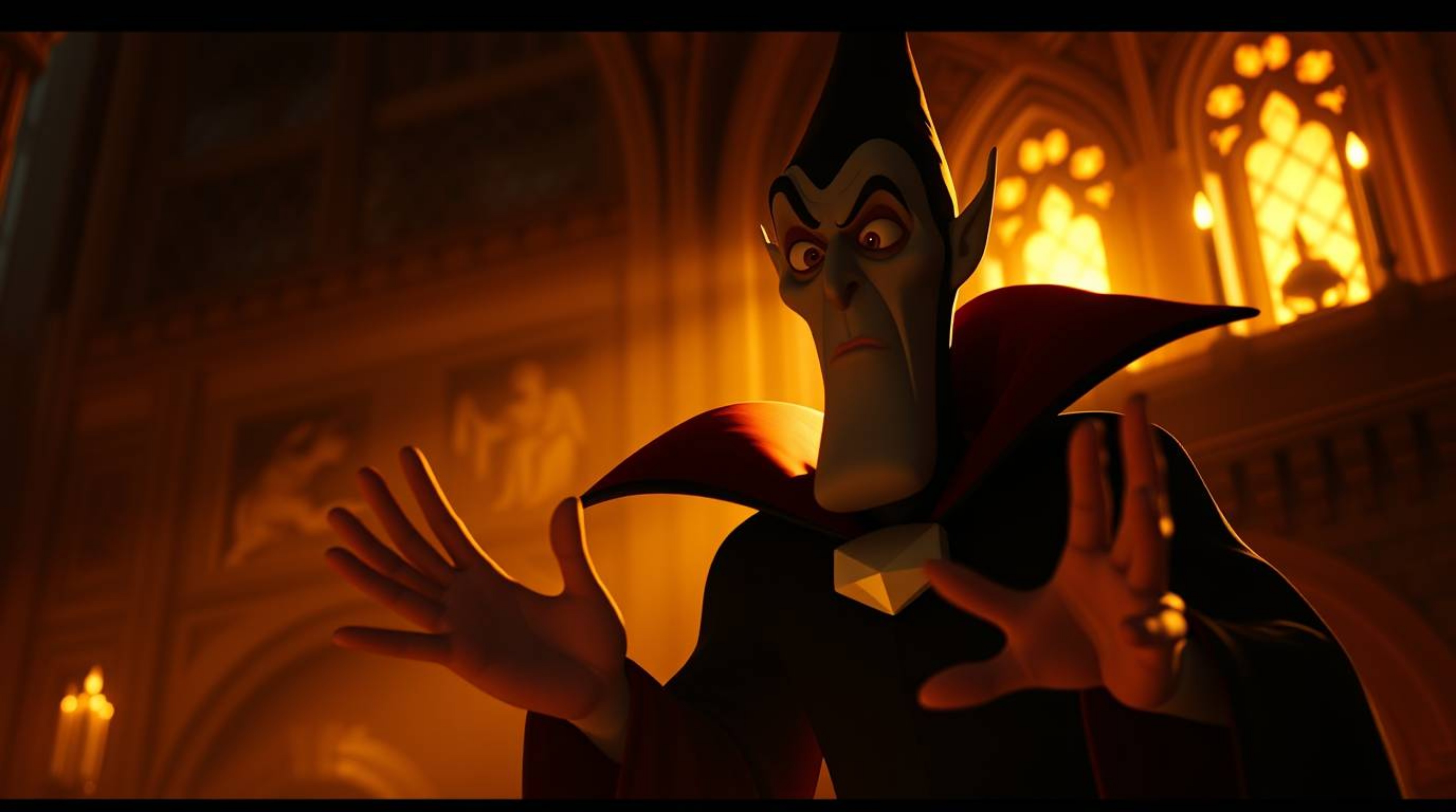 A classic Disney villain with sharp features casts a spell in an old castle bathed in the warm golden hour light. This cinema