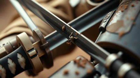 A breathtaking extreme macro shot captures the intense moment a samurai's katana slices through a robot's metallic limb.  Ear