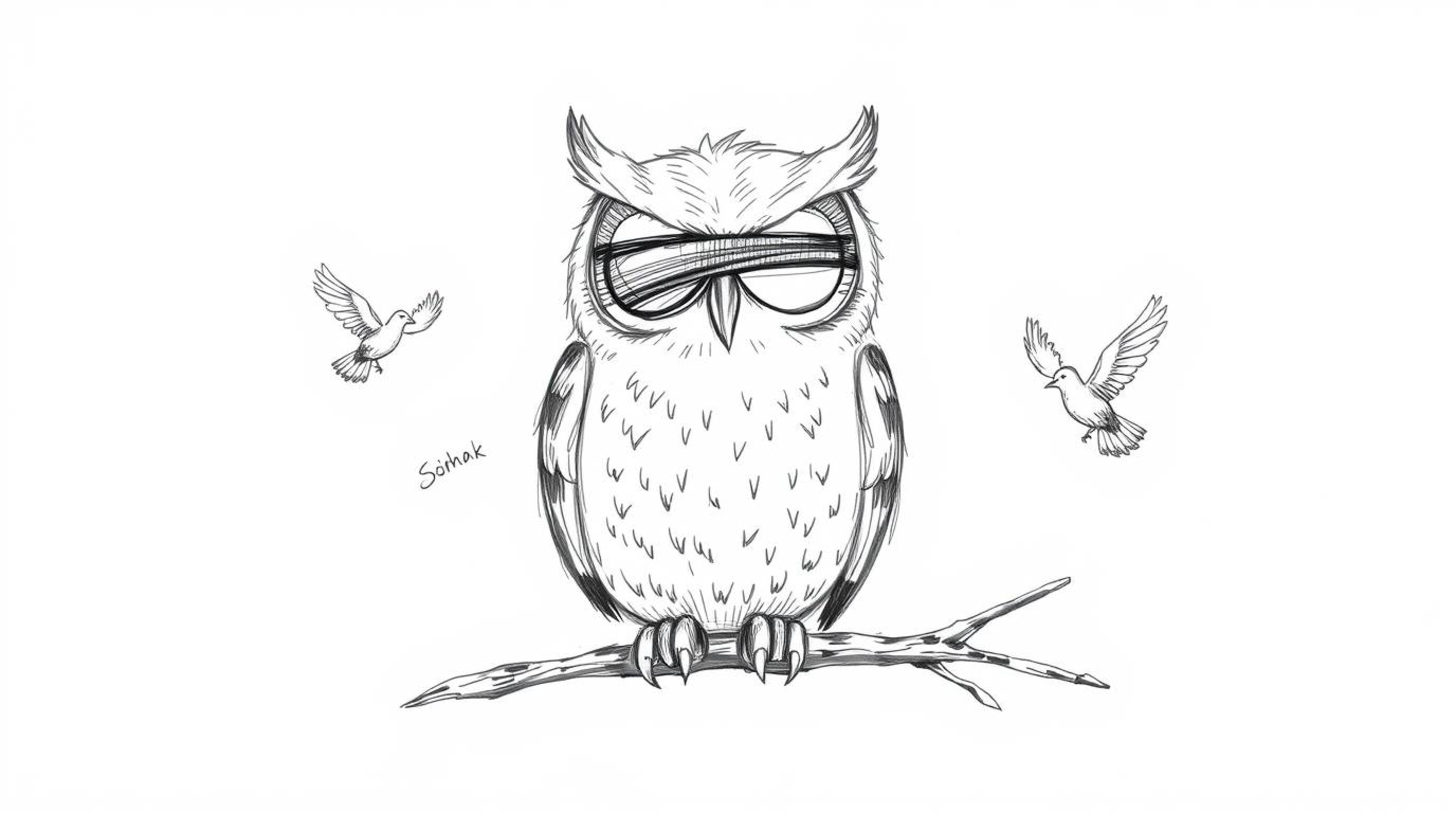 A hand-drawn sketch depicts a wise, blind owl, rendered in a Pixar-esque style, sitting serenely against a white background. 