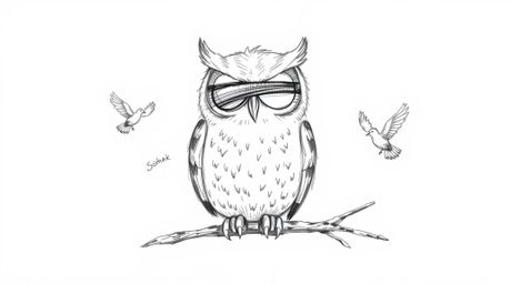 A hand-drawn sketch depicts a wise, blind owl, rendered in a Pixar-esque style, sitting serenely against a white background. 