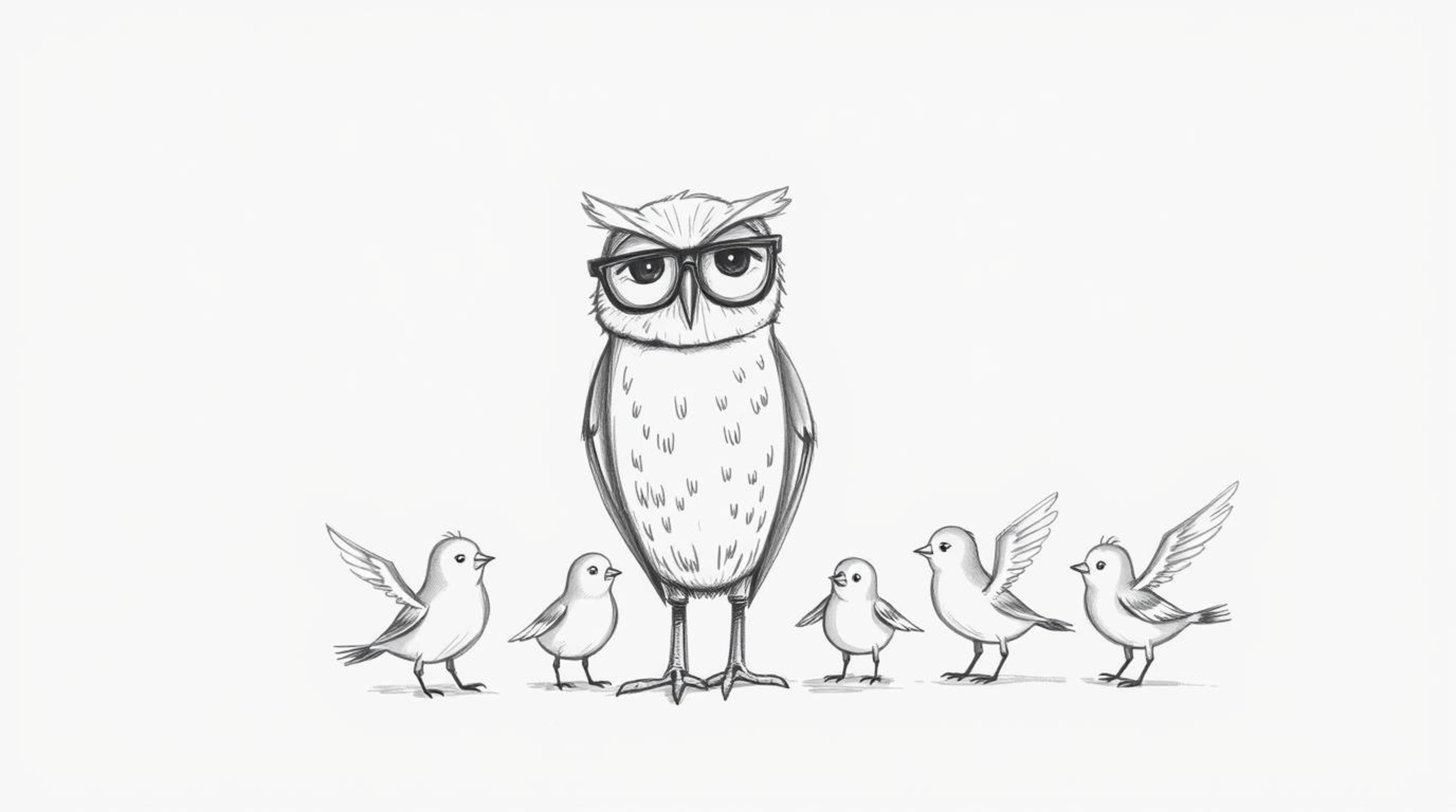 A Pixar-inspired hand-drawn sketch showcases a blind owl patiently guiding small birds through flight training.  The rough, t
