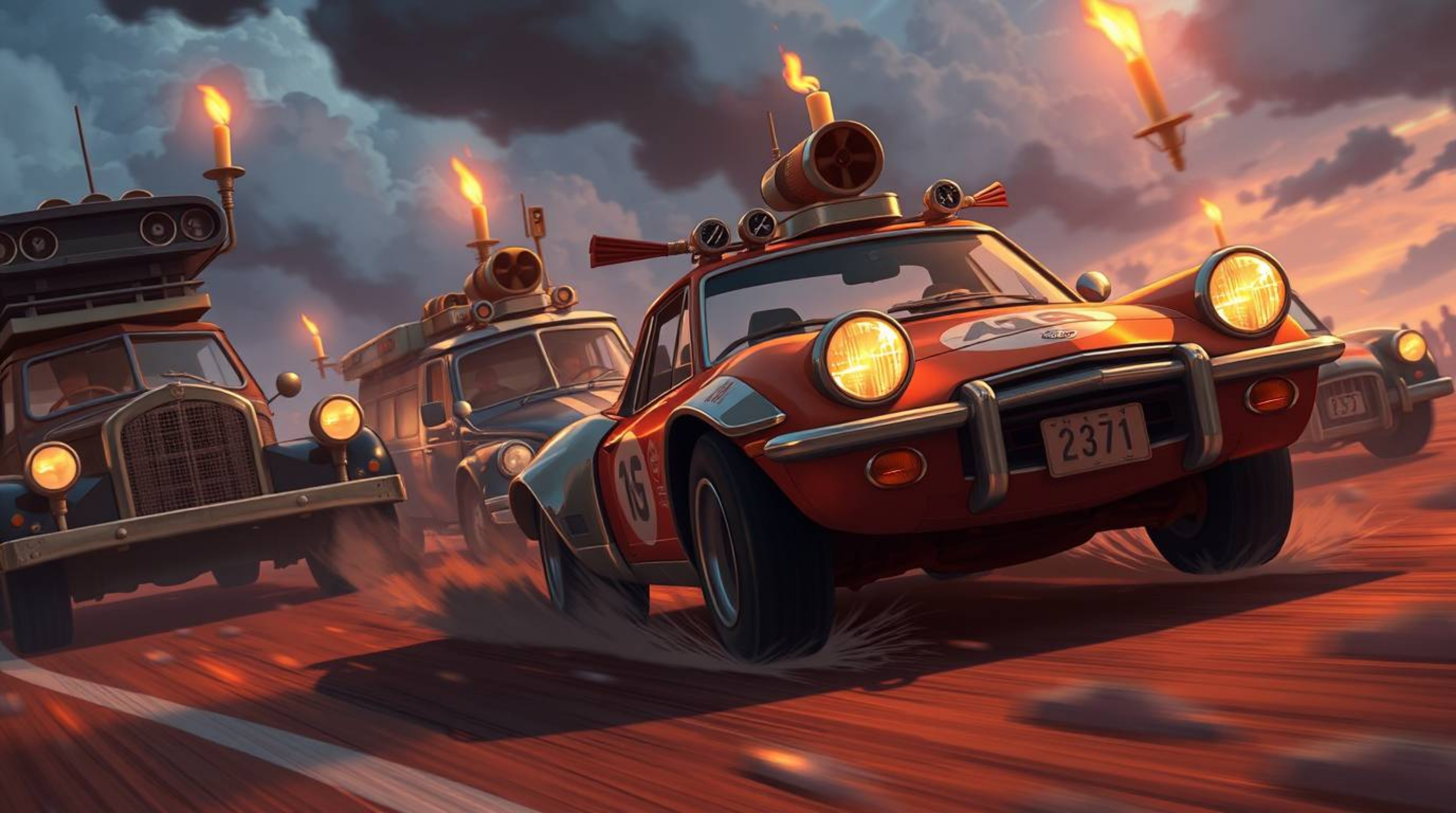 Experience the thrill of Isekai anime in a wacky racing scene filled with outlandish cars. This vibrant depiction emphasizes 