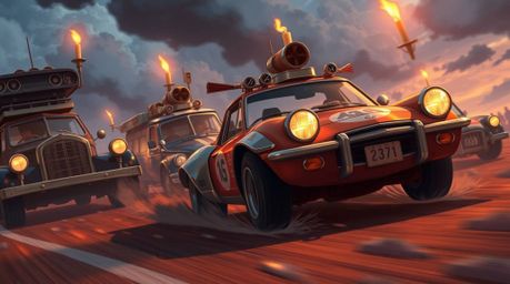 Experience the thrill of Isekai anime in a wacky racing scene filled with outlandish cars. This vibrant depiction emphasizes 