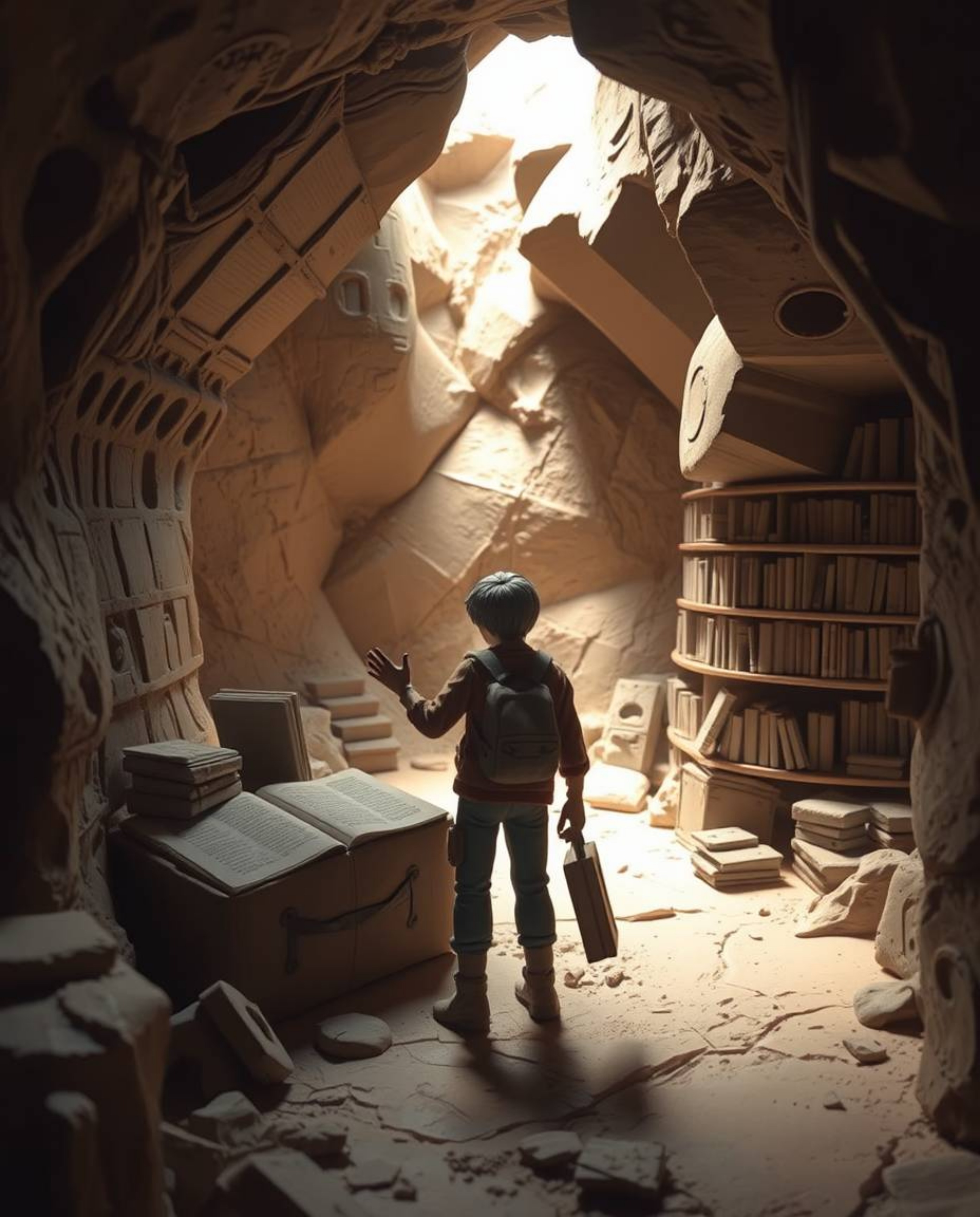 A captivating scene depicting a person's discovery of a hidden underground library, brought to life through sculptural clay a