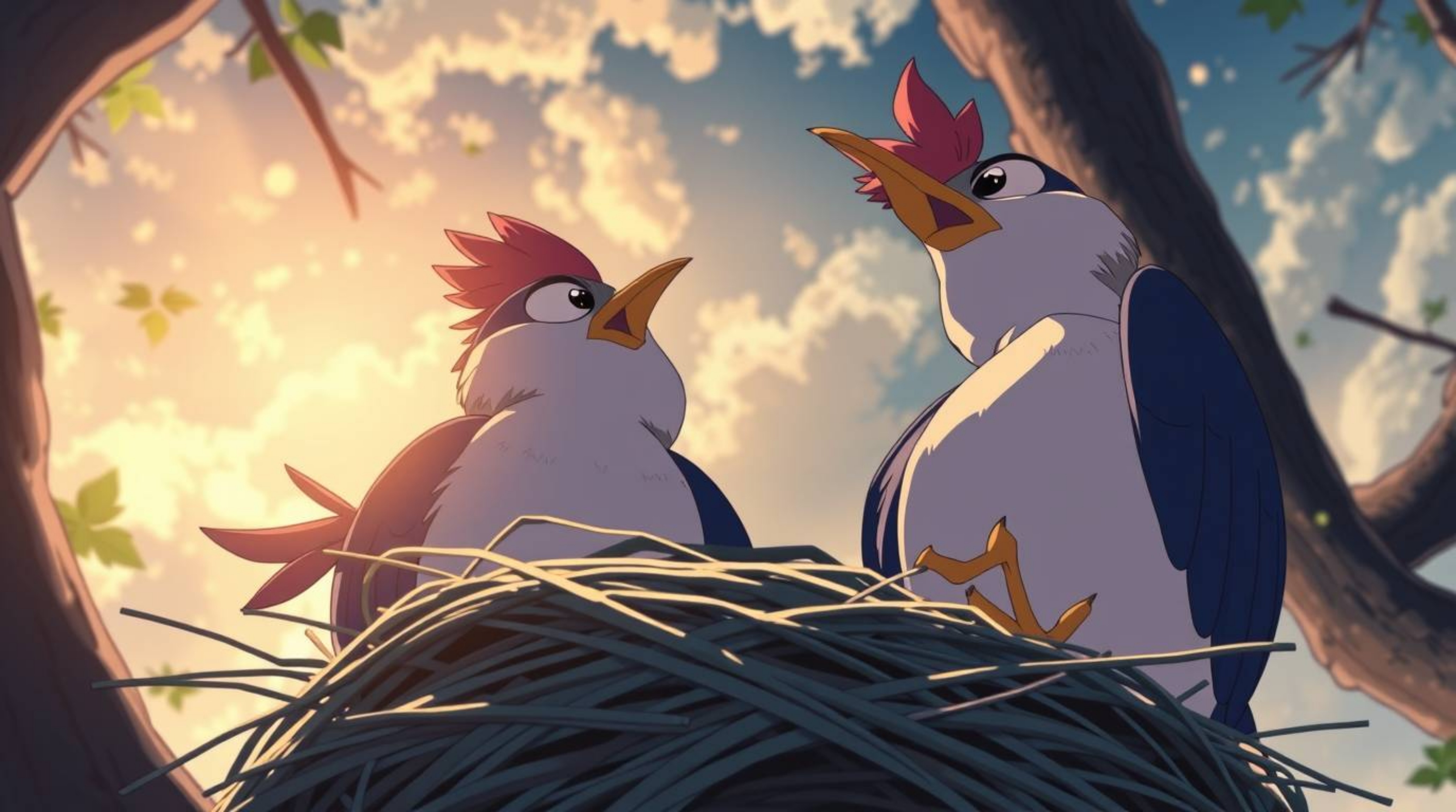 A charming Isekai anime style depiction of two expressive cartoon birds diligently building a nest. The low angle perspective