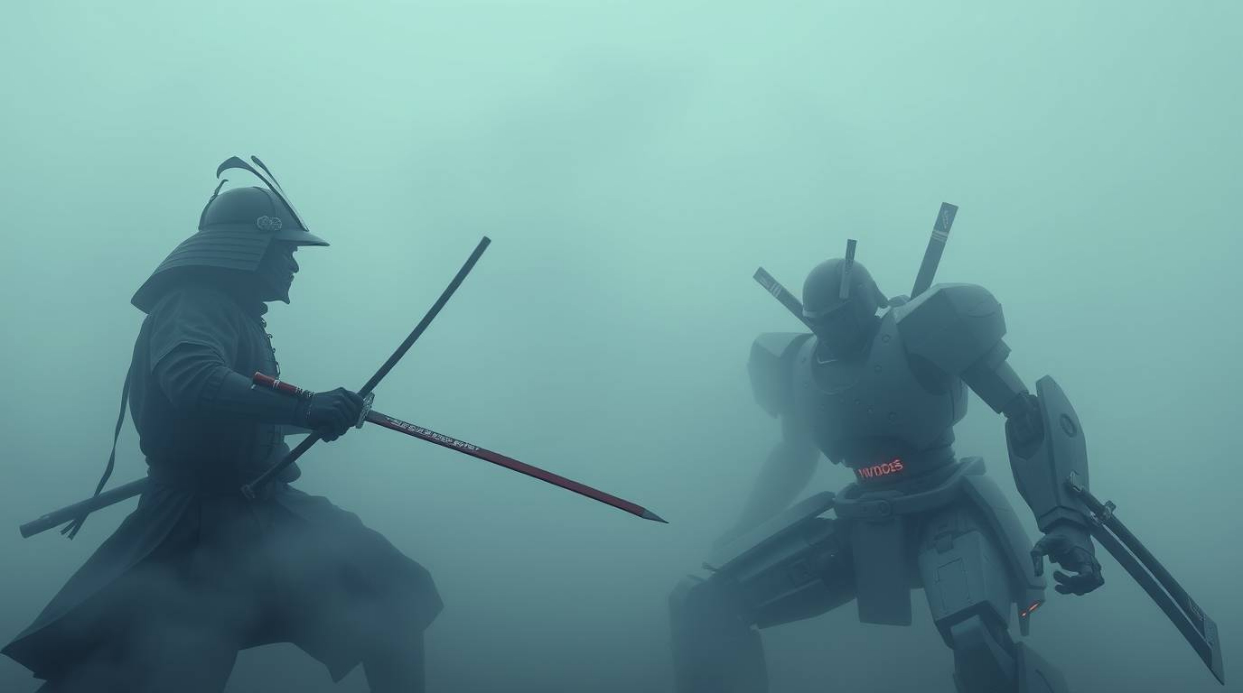 A professional photograph depicts a thrilling battle between a samurai and a robot in a dense, foggy landscape.  The image ut