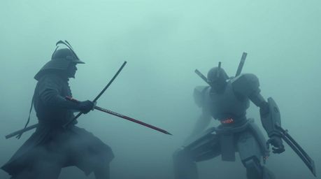 A professional photograph depicts a thrilling battle between a samurai and a robot in a dense, foggy landscape.  The image ut