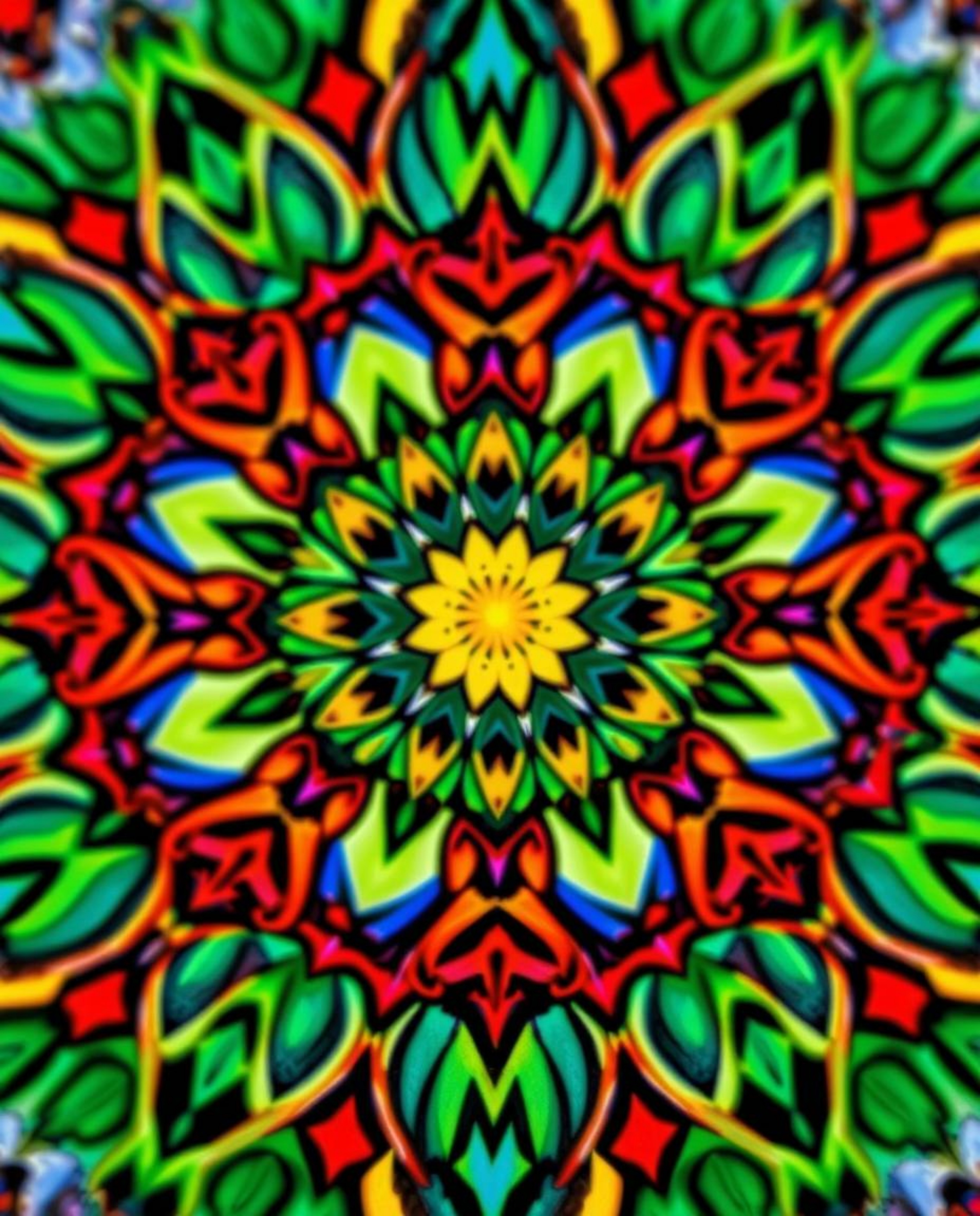 This artwork showcases a tight close-up of a geometric floral mandala bursting with vibrant colors. The design is perfectly s