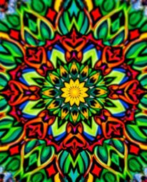 This artwork showcases a tight close-up of a geometric floral mandala bursting with vibrant colors. The design is perfectly s