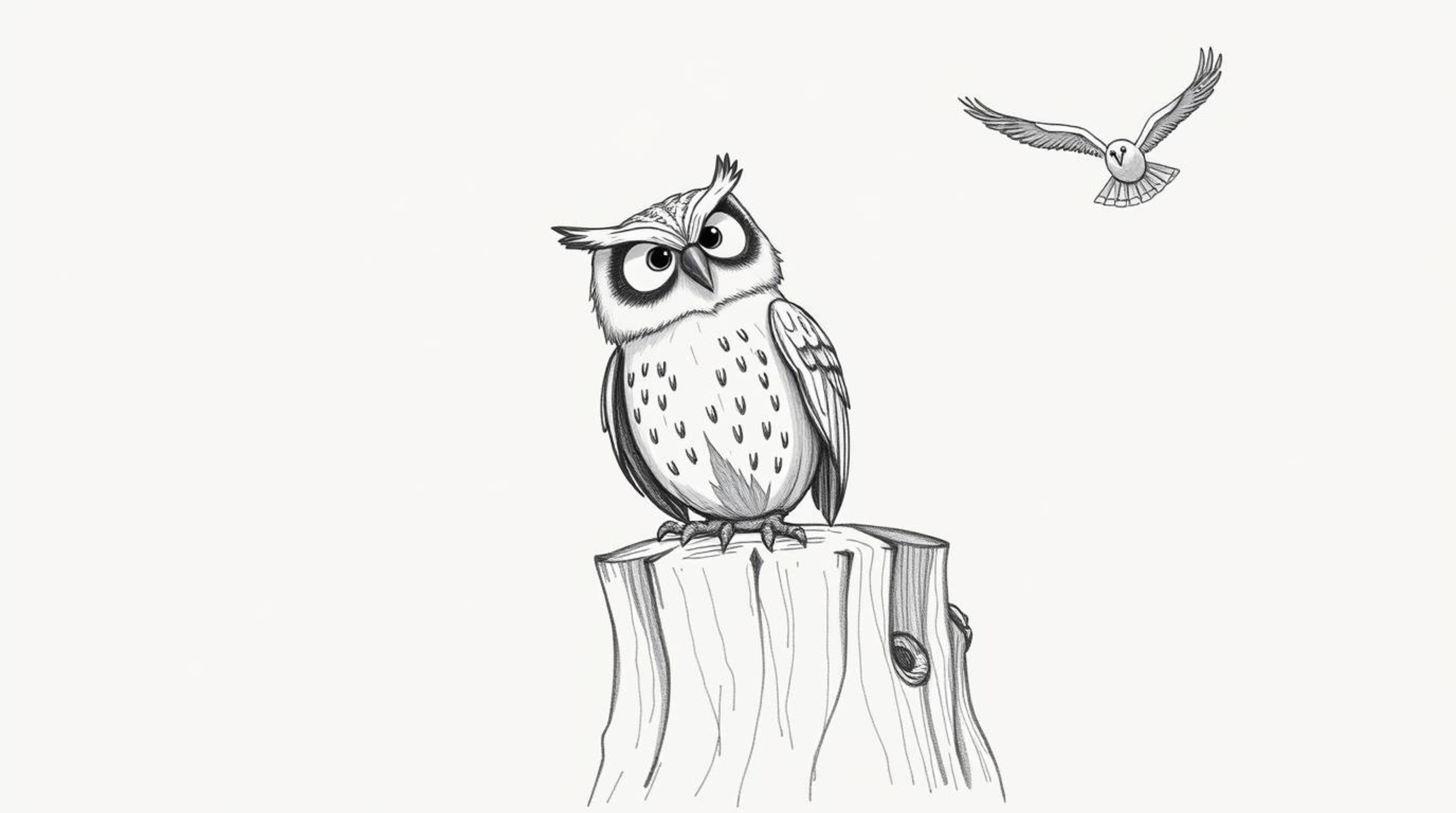 A heartwarming hand-drawn sketch depicts a joyful, blind owl, rendered in the style of Pixar, perched on a tree stump. He wat