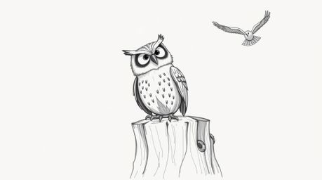 A heartwarming hand-drawn sketch depicts a joyful, blind owl, rendered in the style of Pixar, perched on a tree stump. He wat