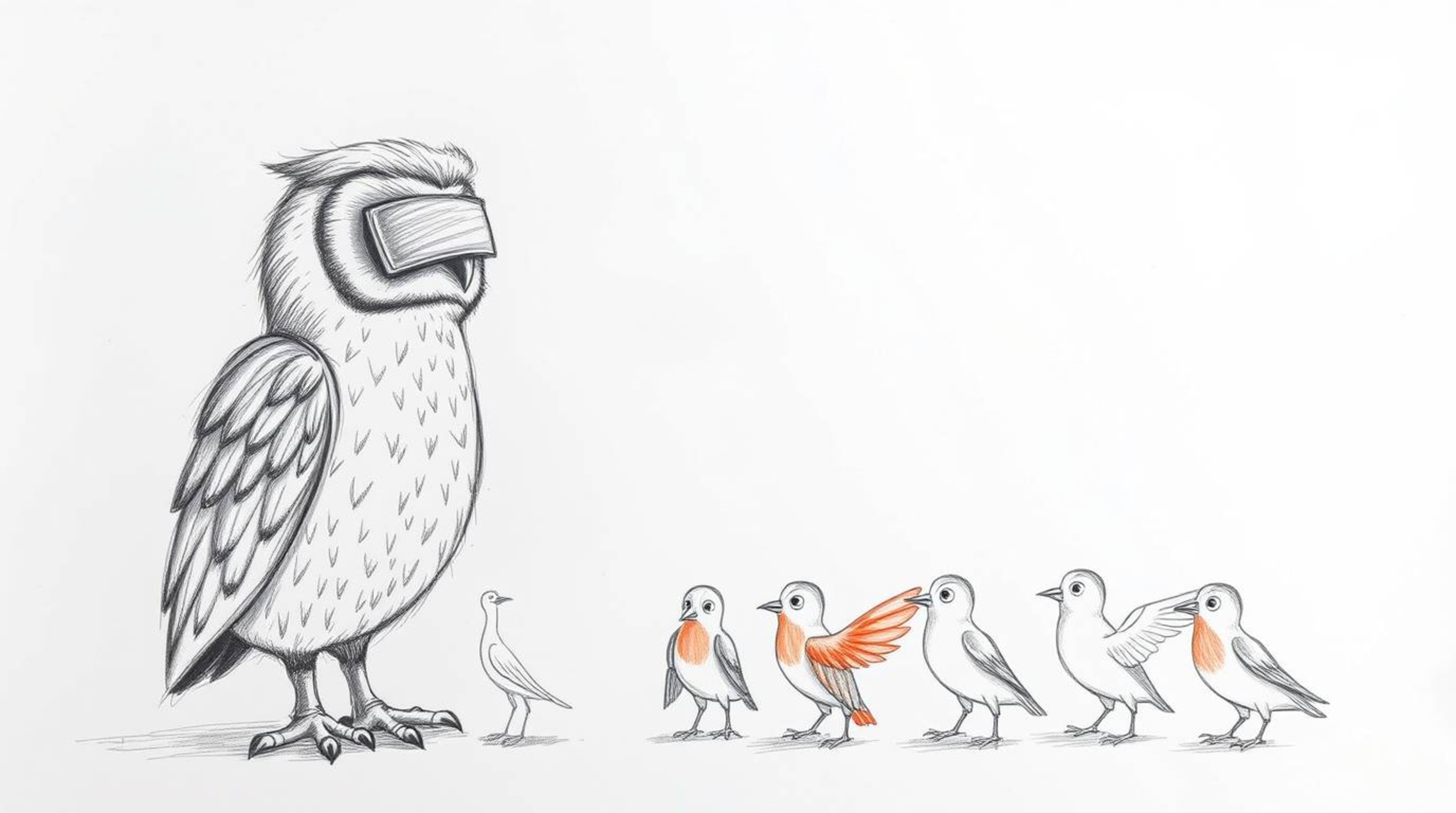 A hand-drawn sketch depicting a blind owl, rendered in a Pixar-like style with carefully textured plumage, instructing a floc