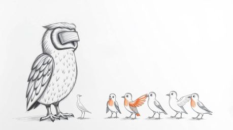 A hand-drawn sketch depicting a blind owl, rendered in a Pixar-like style with carefully textured plumage, instructing a floc