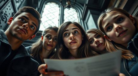 A high-resolution stock photo captures a group of diverse teenagers with various facial features and warm skin tones, engross